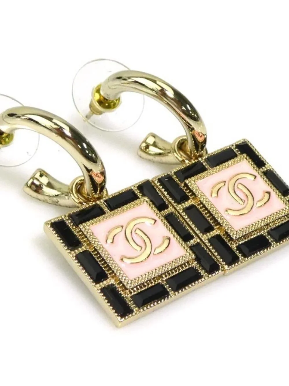 CHANEL CC Logo Pierce Earrings Gold/Black/Pink Metal/Enamel